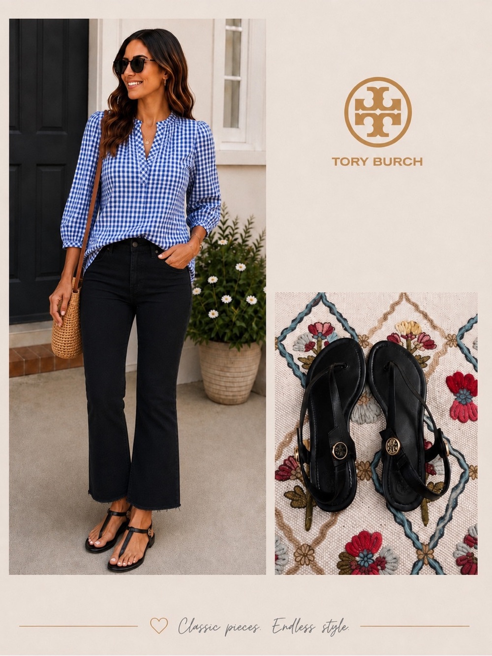 Tory Burch Black Leather Logo Medallion Thong Sandals Size 9